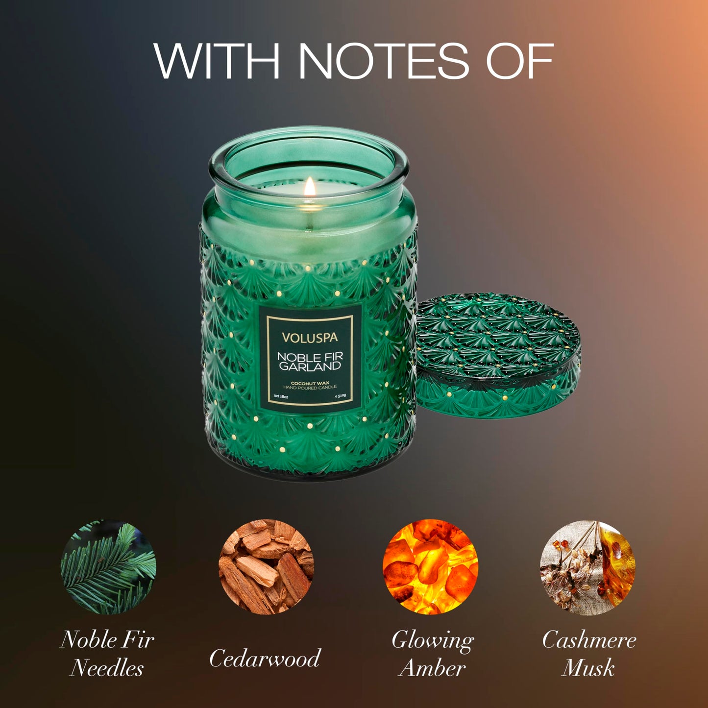 Voluspa Noble Fir Garland, Large Candle Jar, 18oz, Coconut Wax Blend, Christmas Scented Candles for Home, 100 Hour Burn Time, Handcrafted in The USA