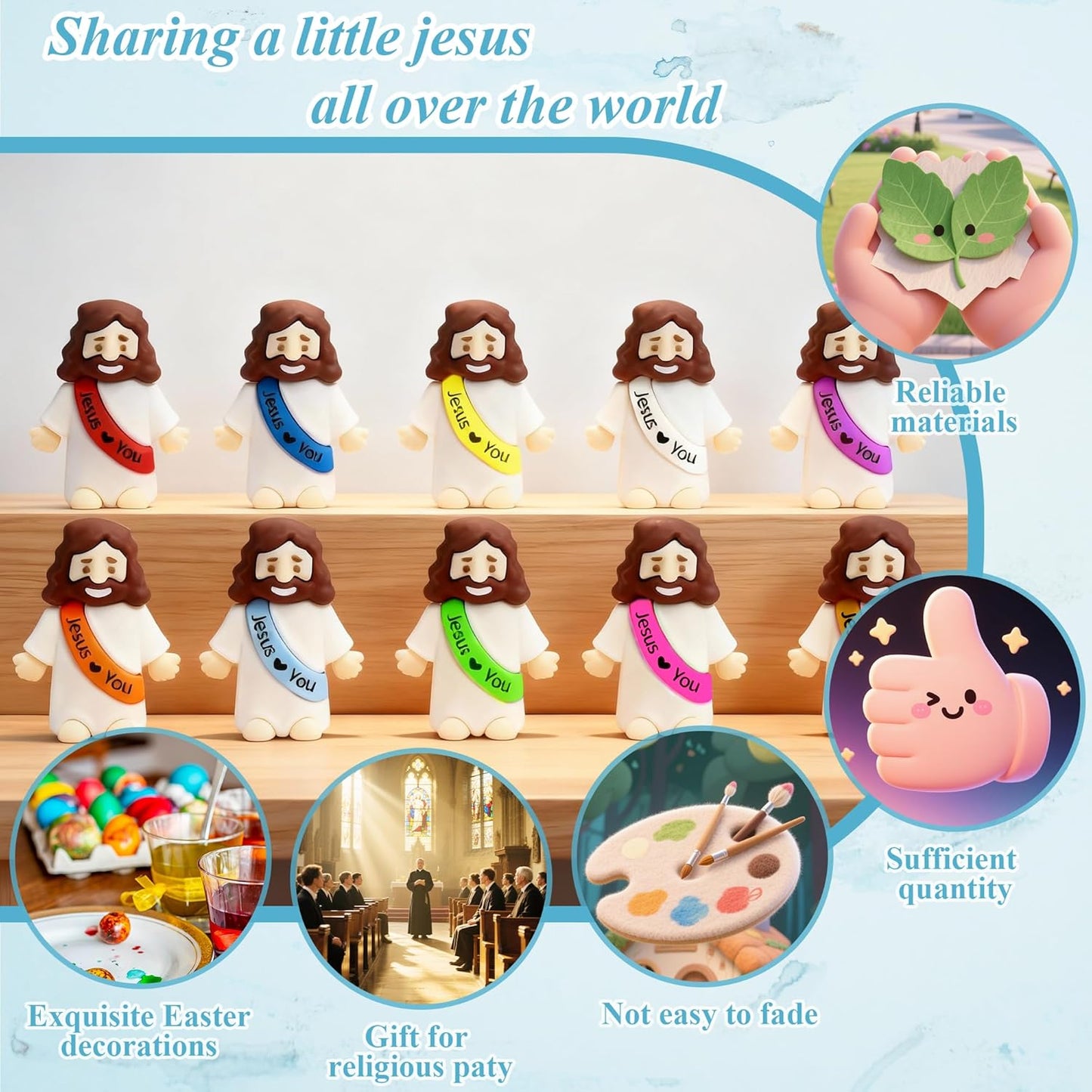 Skiennix Little Jesus Figures - 50 Pcs Mini Rubber Toys in 10 Colors for Easter Egg Stuffers & Party Favors