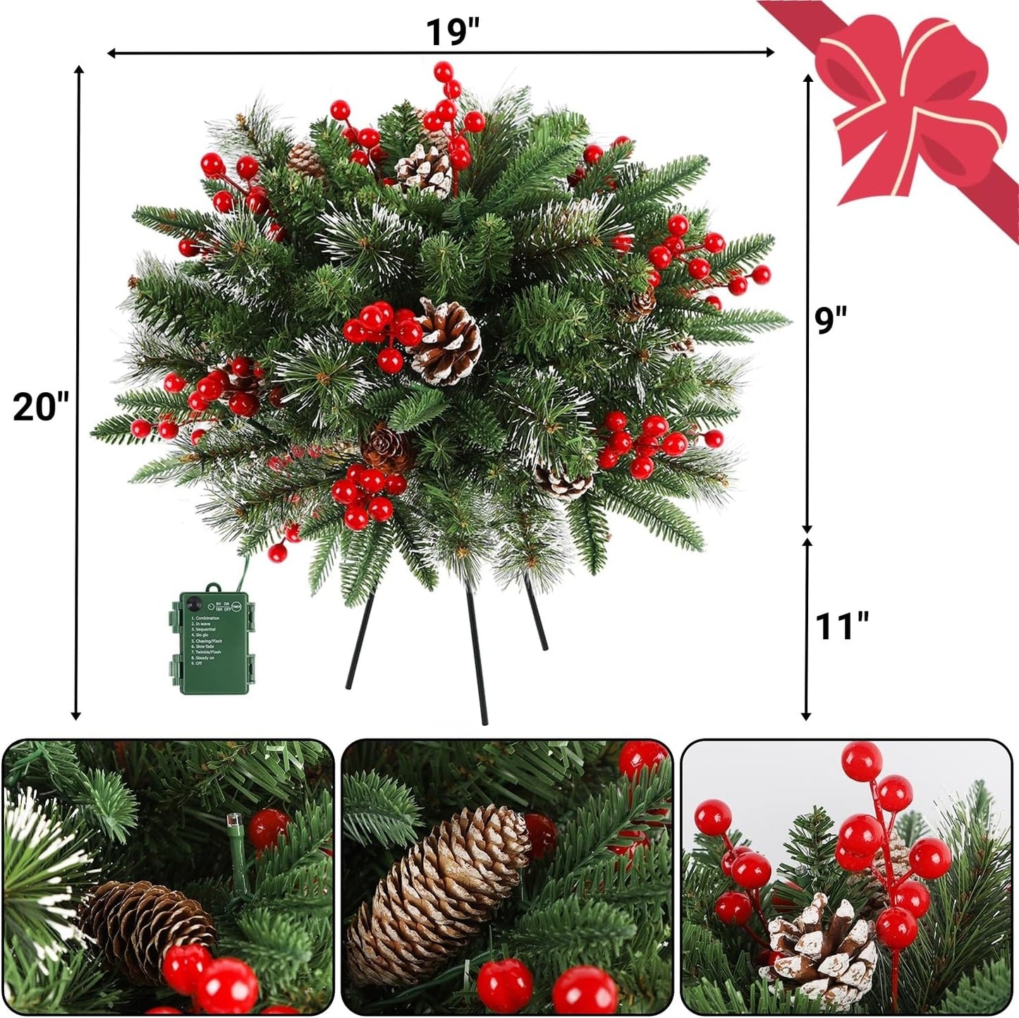 Juegoal Pre-Lit Christmas Tree Urn Filler - Lighted Artificial Pine Trees with 8 Modes & Timer | Battery Powered Outdoor Holiday Decor