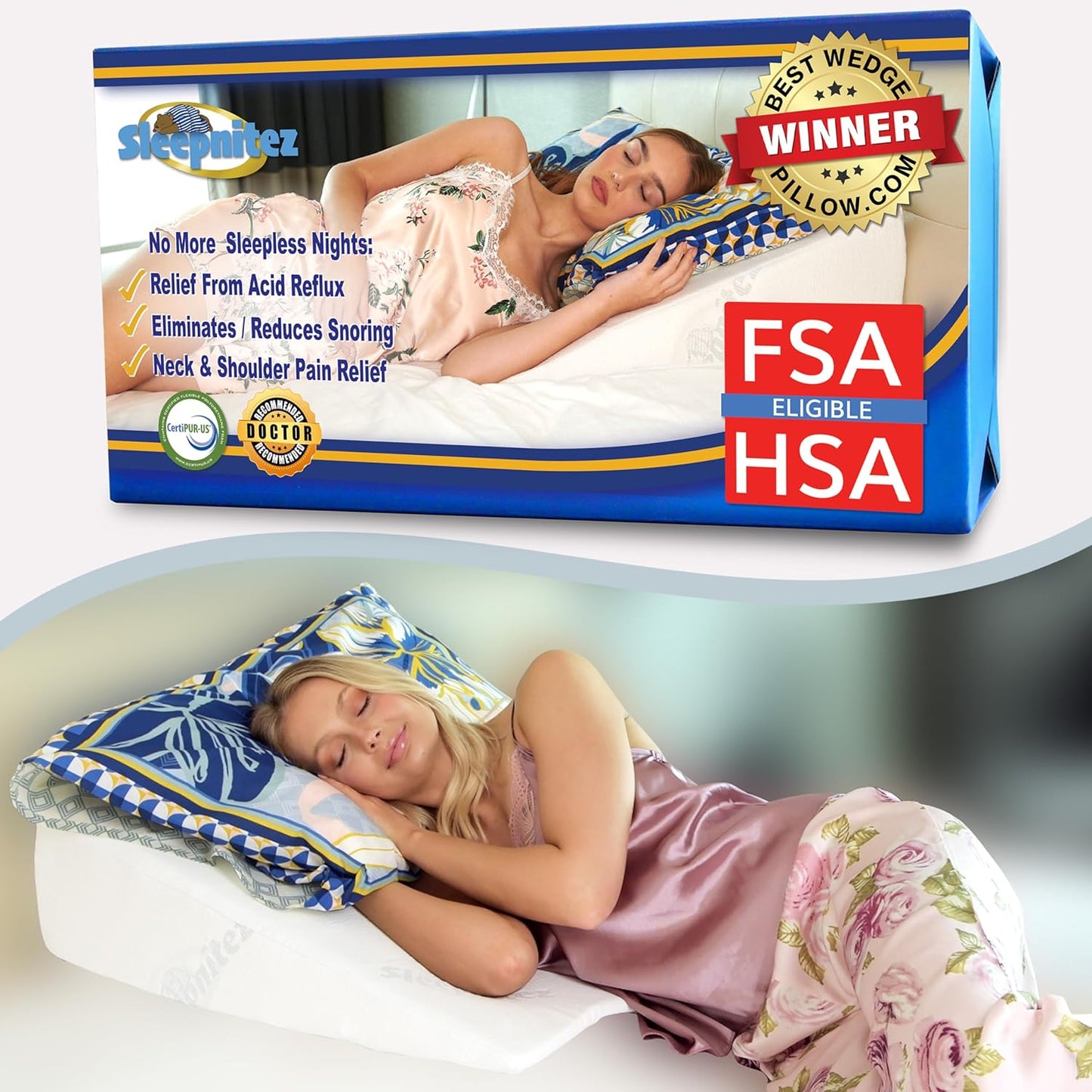 Sleepnitez Bed Wedge Pillow - Memory Foam for Acid Reflux, Snoring & Sleep Apnea | 8" Height, Luxurious Comfort