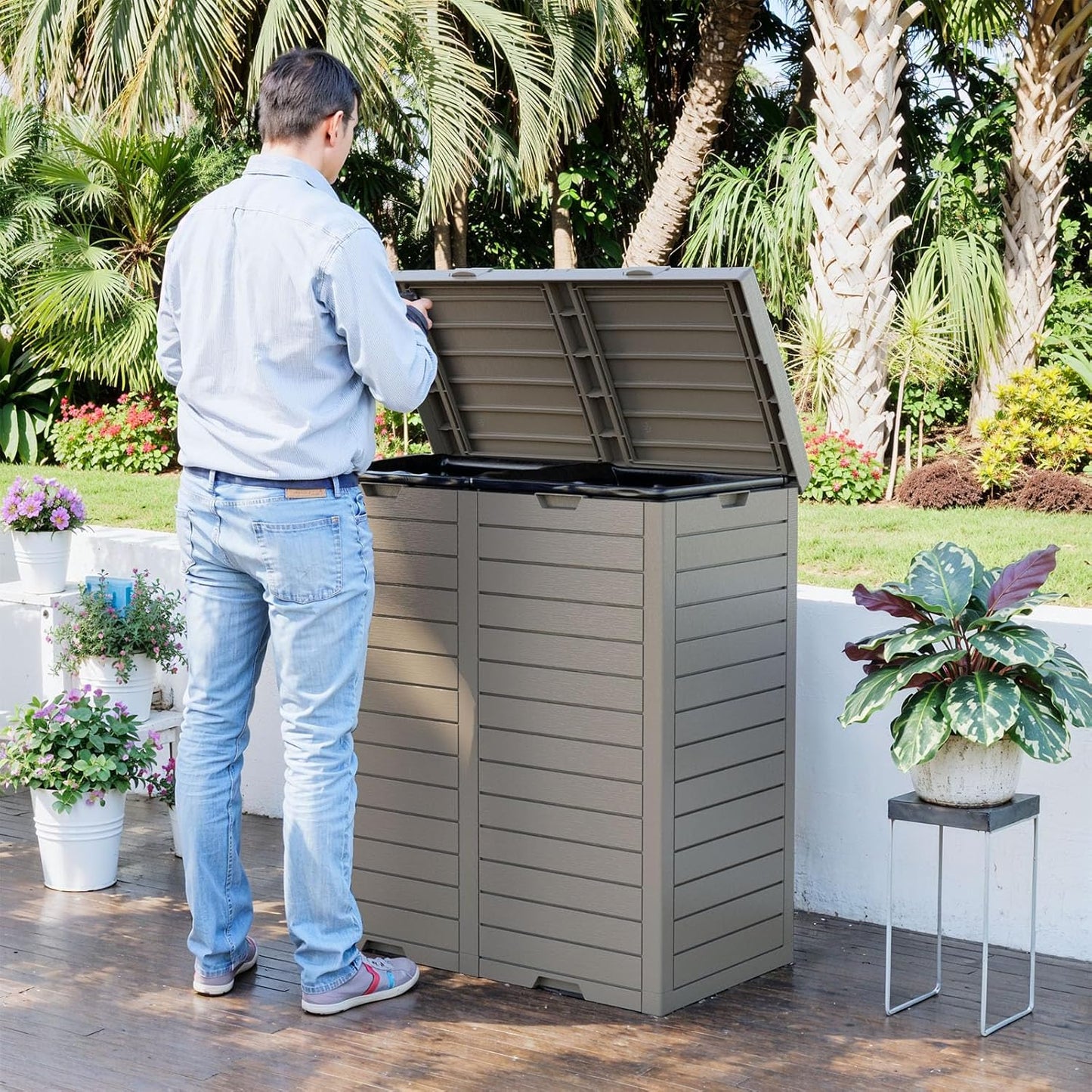 Regine Switzerland Outdoor Trash Can - Waterproof Resin Garbage Bin with Pull-Out Liquid Drawer | 76 Gallon, Grey