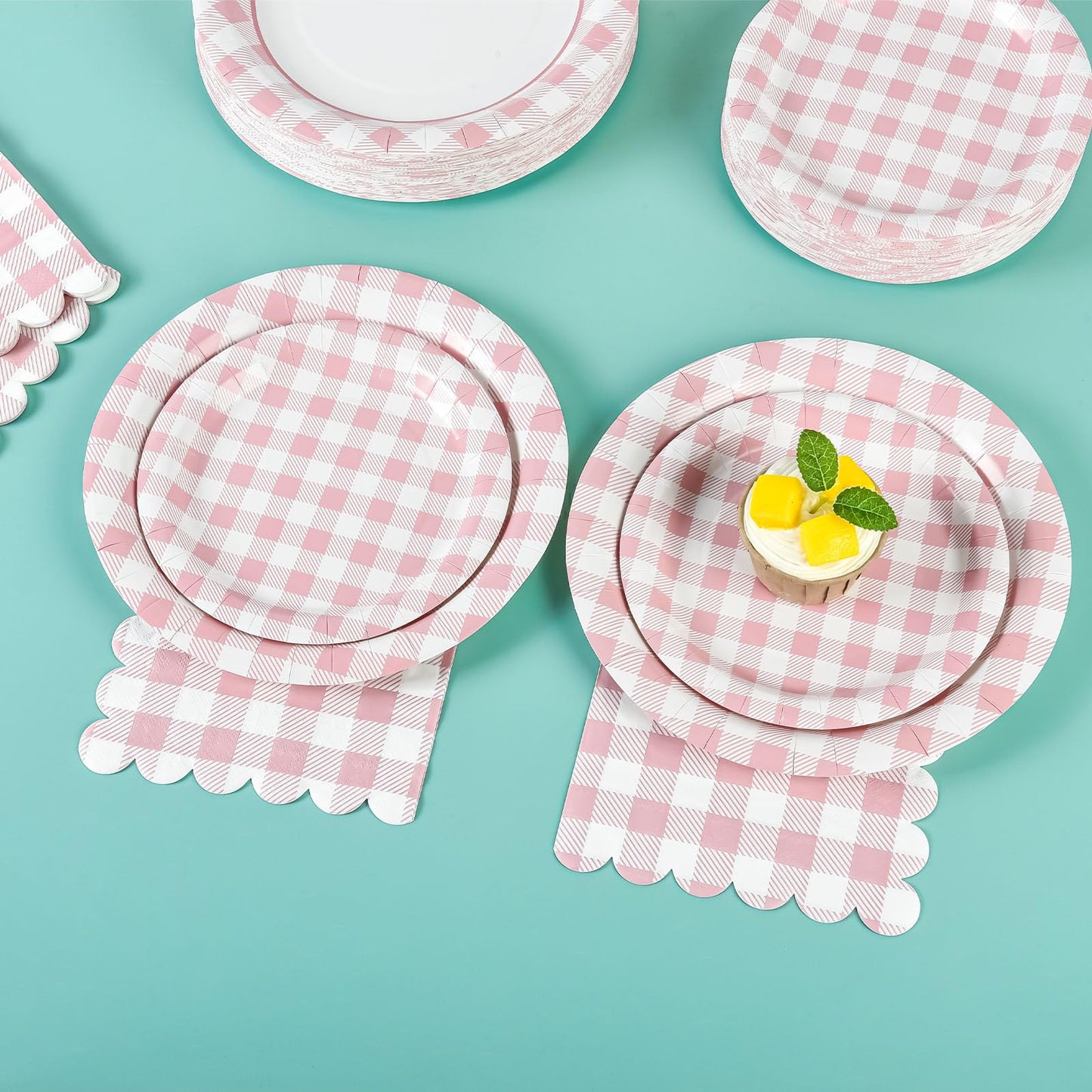 175Pcs Pink Gingham Party Supplies Pink Gingham Paper Plates and Napkins Cups Checkered Plates Disposable LightPink and White Plaid Party Decor for Birthday Family Fall Picnic BBQ,Serves 25 Guests