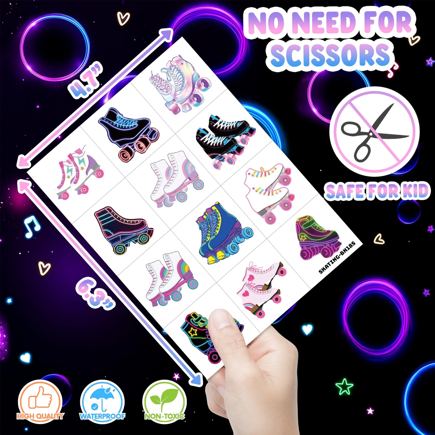 Neon Roller Skate Temporary Tattoos - 8 Sheets (96PCS) 80s 90s Theme Birthday Party Decorations Supplies Favors Stickers for Kids Girls Boys Gifts Classroom School Prizes Rewards