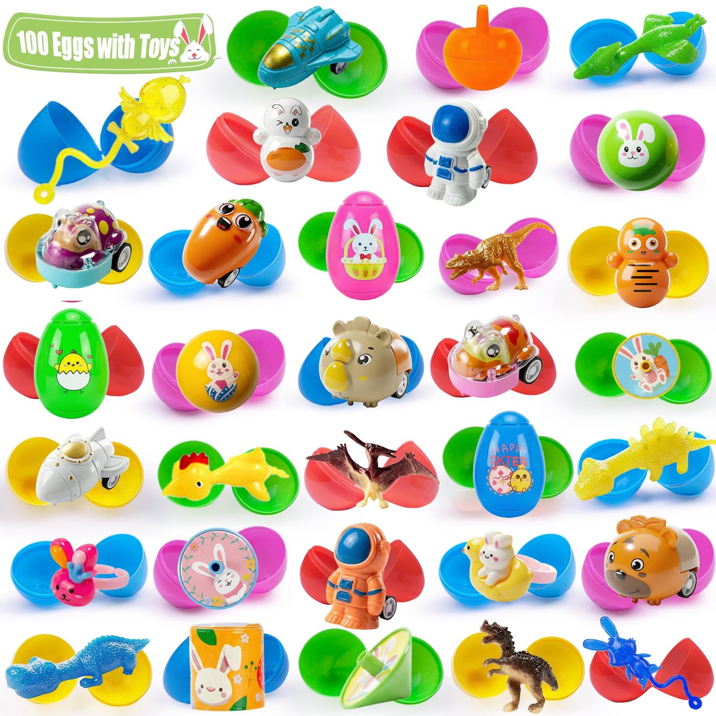 SQZUWIT 100 Pcs Prefilled Easter Eggs Filled with Toys Inside for Kids Boys Girls Pre-filled Easter Hunt Basket Stuffers Essentials Fillers Party Favors Classroom Prize Supplies
