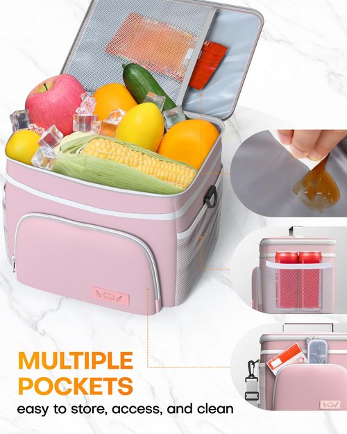 HOTOR Insulated Lunch Box for Men & Women - Leak-Proof Cooler Lunch Bag with 4 Pockets, Adjustable Strap, Ideal for Work, Picnic, Travel - Medium, Light Pink, 10.2"×6.9"×8.5"