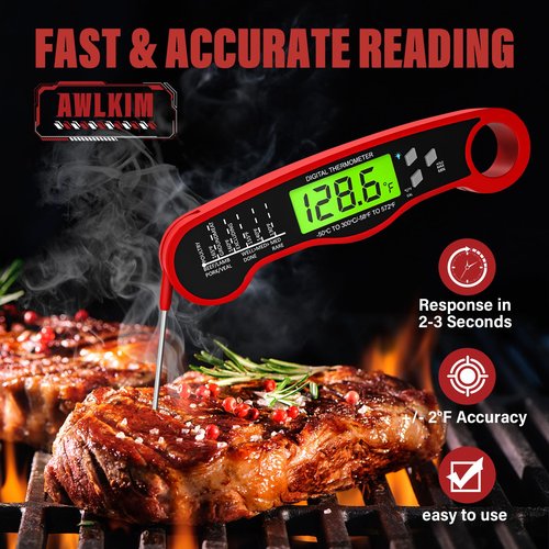 AWLKIM Digital Meat Thermometer for Cooking - IP67 Waterproof Kitchen Thermometer with Backlight and Hold, Fast Instant Read Thermometer, Candy Making, Outside Grill, Stocking Stuffers for Men-2 Pack