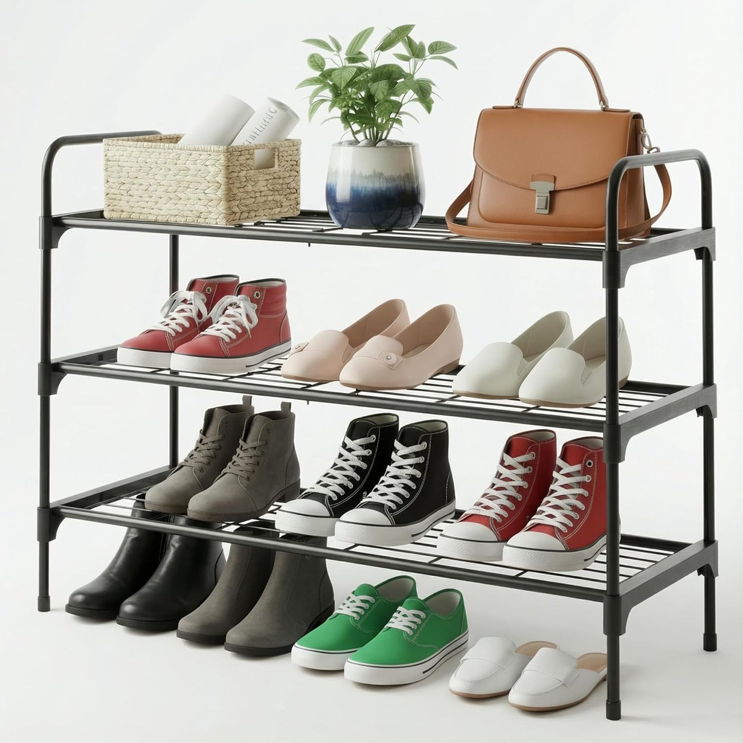 3-Tler Shoe Rack Organizer - Rustproof Iron Shoe Storage Shelf for Closet or Entryway | Fits Sneakers & Slippers, Black