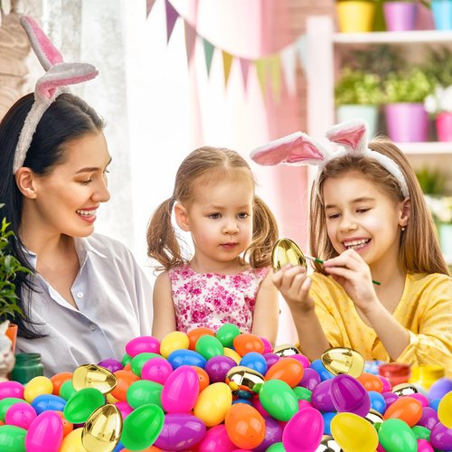 Grastfu 200 Pack 3 Inch Large Plastic Easter Eggs Bulk Include 6 Surprise Golden Eggs, Colorful Fillable Easter Egg Empty for Easter Hunt, Easter Basket Stuffers Fillers, Theme Party Favors Prize