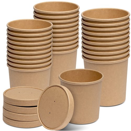 GUSTO [16 oz. - 50 Count Kraft Paper Food Containers with Vented Lids - To Go Hot Soup Bowls, Disposable Ice Cream Cups, Ideal for Hot and Cold Foods- (Formerly Comfy Package)