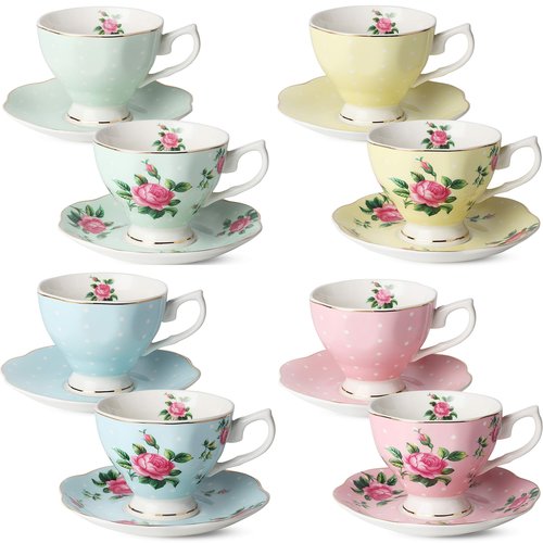 BTaT- Floral Tea Cups and Saucers Set of 8 (8 oz), Porcelain Tea Cup Sets, Assorted Colors with Gold Trim & Gift Box, Mother's Day Gift
