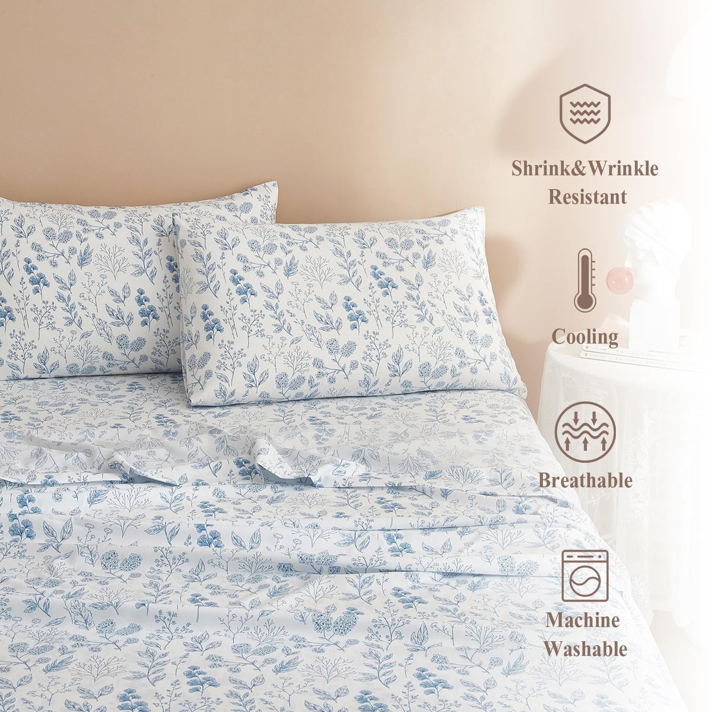 HighBuy 3 Piece Bed Sheets Set Twin XL Sheets White - Extra Soft Blue Floral Sheet Deep Pocket 16" - Luxury Soft Twin XL Sheet & Pillowcase Set - Twin XL Size Bed Cooling
