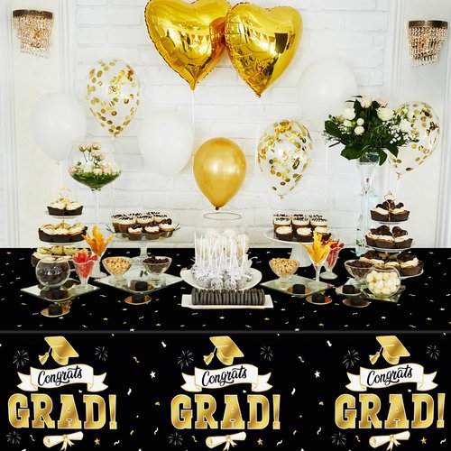 2Pack Graduation Decorations 2026, 108" X 54" Graduation Tablecloth, Blackgold Rectangle Class of 2026 Table Cloths, Disposable Plastic Congrats Grad Tablecover for Grad Party Favors Supplies
