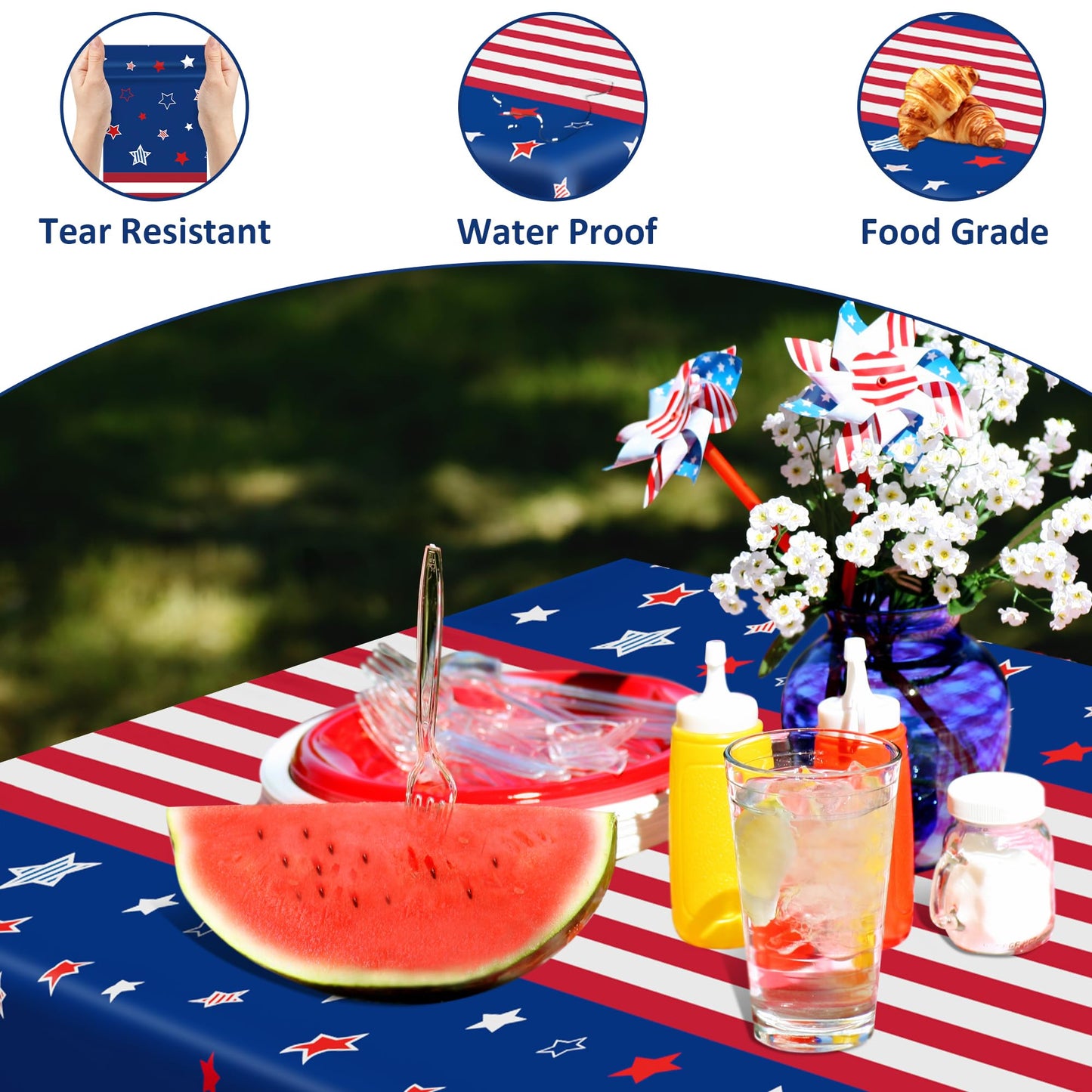 QZYL 4 Pack 4th of July Decorations, 54" x 108" USA Plastic Table Cloth, Tear Resistant Patriotic Tablecloth Fourth of July Tablecloths American Tablecover, Red White Blue Party Supplies