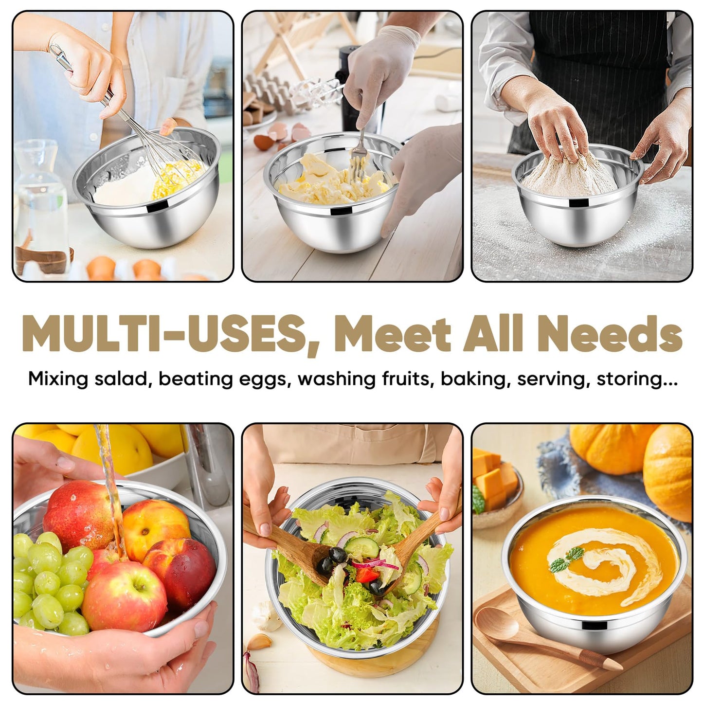 TeamFar Khaki Mixing Bowls, Stainless Steel Metal Nesting Salad Bowls with Airtight Lids Set of 5, Healthy & Heavy Duty, Non-slip Bottom & Airtight Lid, 7/3.5/2.5/1.5/1 QT