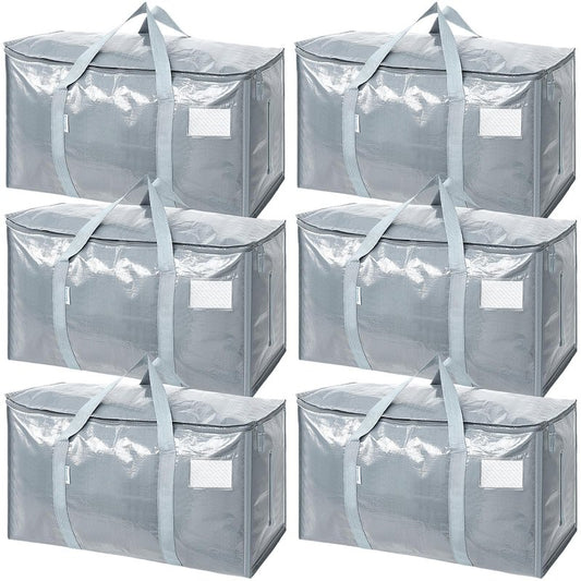 TICONN 6 Pack Extra Large Moving Bags Heavy Duty with Zippers & Carrying Handles, Durable Storage Bags Moving Boxes for Closet Organizers and Storage (6 Pack, Light Grey)
