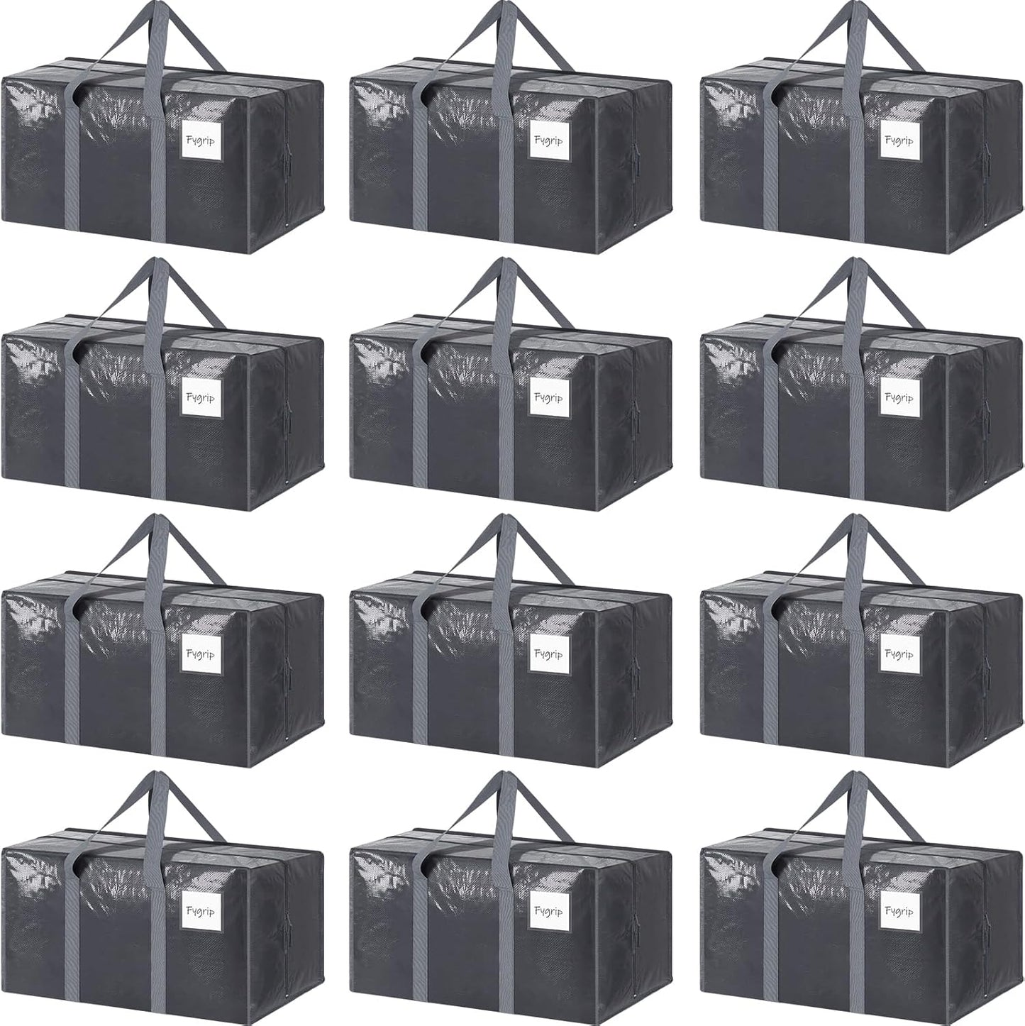 Skiennix Extra Heavy Duty Moving Bags - 12 Pack with Strong Zipper & Comfortable Handles | Durable Gray Storage Totes
