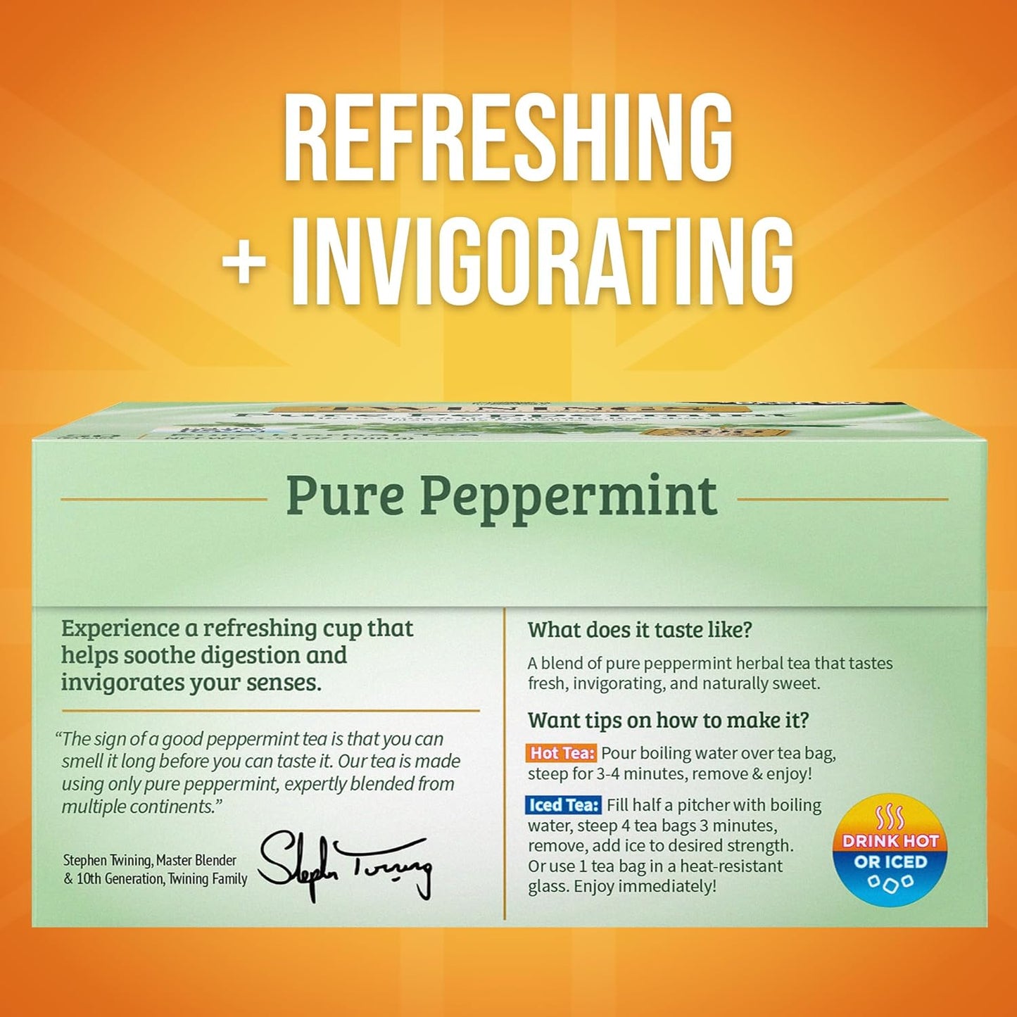 Twinings Pure Peppermint Herbal Tea - 50 Individually Wrapped Bags | Fresh Minty Flavor, Caffeine-Free