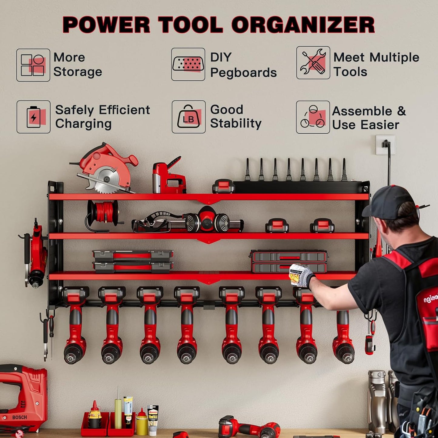 NattyDot Power Tool Organizer - Wall Mount Charging Station with 8 Drill Holders | 4-Layer Garage Storage Rack (Red)