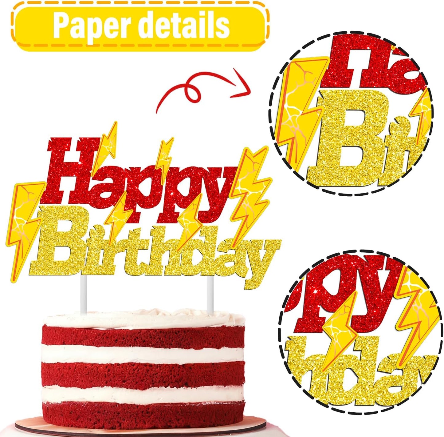 Lightning Bolt Birthday Cake Topper - Glitter Gold & Red Lightning Design | Perfect for Parties & Baby Showers