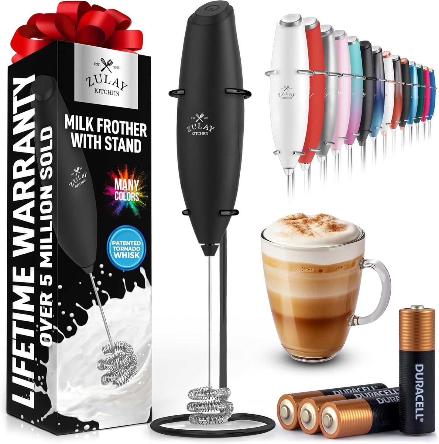 Zulay Kitchen Tornado Triple Whisk Milk Frother - Handheld Foam Maker for Coffee & Lattes | Includes 4 Duracell Batteries - Executive Black