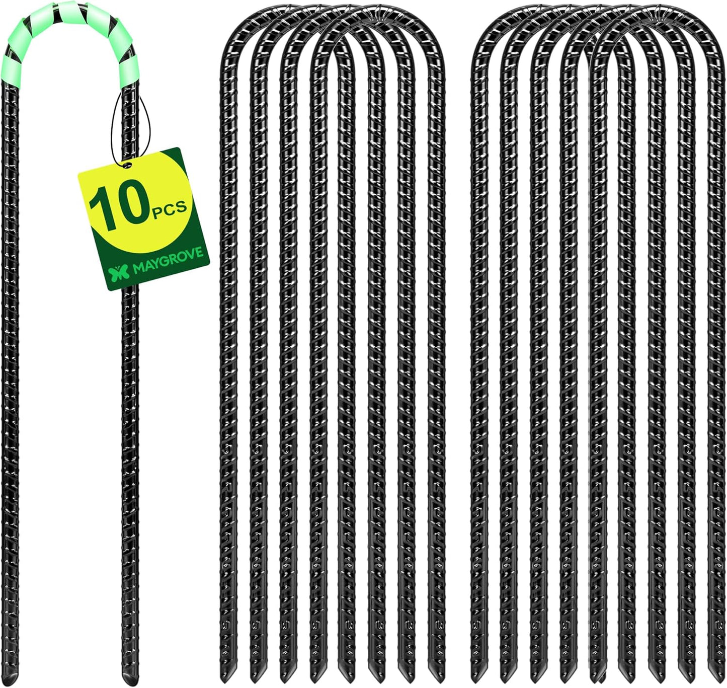 Maygrove 12 Inch Heavy-Duty Rebar Stakes - Galvanized Steel U-Shaped Tent Anchors | 10 Pack, Anti-Rust Black