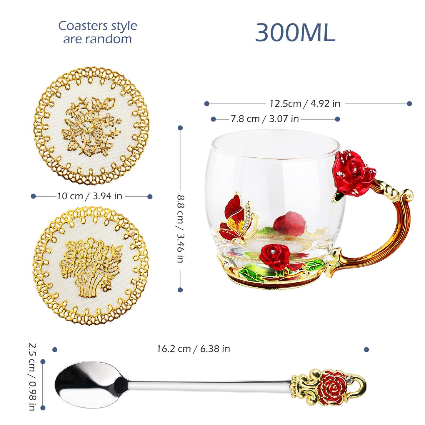WD&CD Rose Butterfly Glass Tea Coffee Cups Mugs with Spoon and Coaster, Gifts for Her Girlfriend Wife Mum Women on Valentine's Day Mother's Day Christmas, Red Short