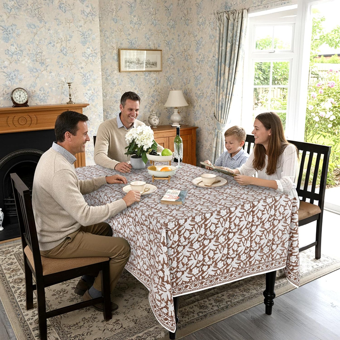 Ridhi Oak Brown Hand Block Print Cotton Rectangle Tablecloth 102" x 48" inches Reusable Table Cover Decorative Everyday Use for Dining Room, Farmhouse, Home Gift for Spring, Mother's Day