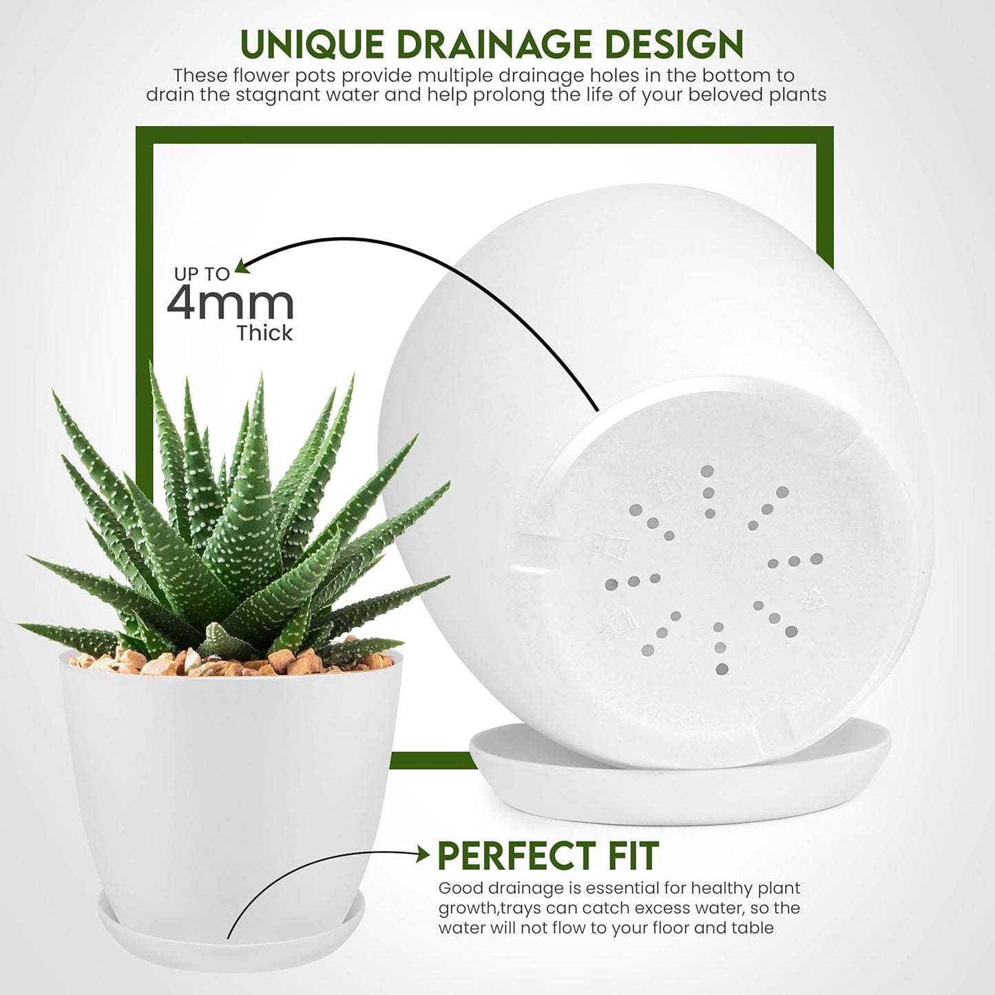 Utopia Home Indoor Plant Pots - Set of 5 White Plastic Planters with Drainage Holes | Modern Décor (4.8-7 Inch)