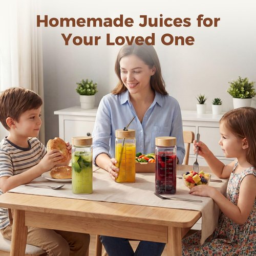HomArtist 16oz Square Glass Juice Bottles with Lids, 9 Pack Reusable Juice Containers with Bamboo Lids, Glass Juicing jars with 4 Straws & 2 Airtight Lid with Hole for Drinking