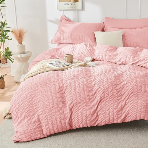HYMOKEGE King Size Comforter Set - Luxury Rose Pink Seersucker 7-Piece Bedding Set with Sheets & Pillowcases
