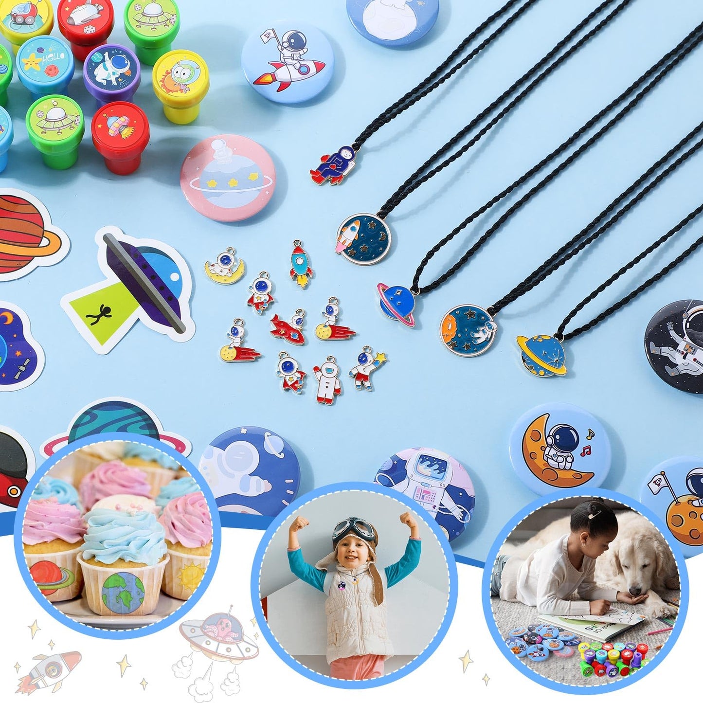 Syhood 211 Pcs Space Party Favors with Gift Cup Space Tattoos Slap Bracelet Astronaut Straw Pendants Badges Stamp Keychains Bouncy Ball Thank You Cards for Space Galaxy Kid Birthday Party Supplies