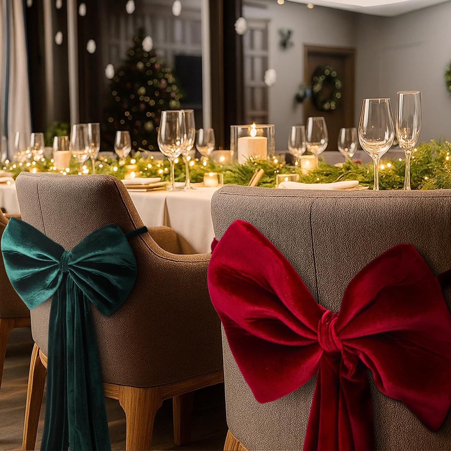 Suncalla Velvet Chair Bows - 4 Pcs Red & Green 12 x 43 Inch Elegant Sashes for Weddings & Parties