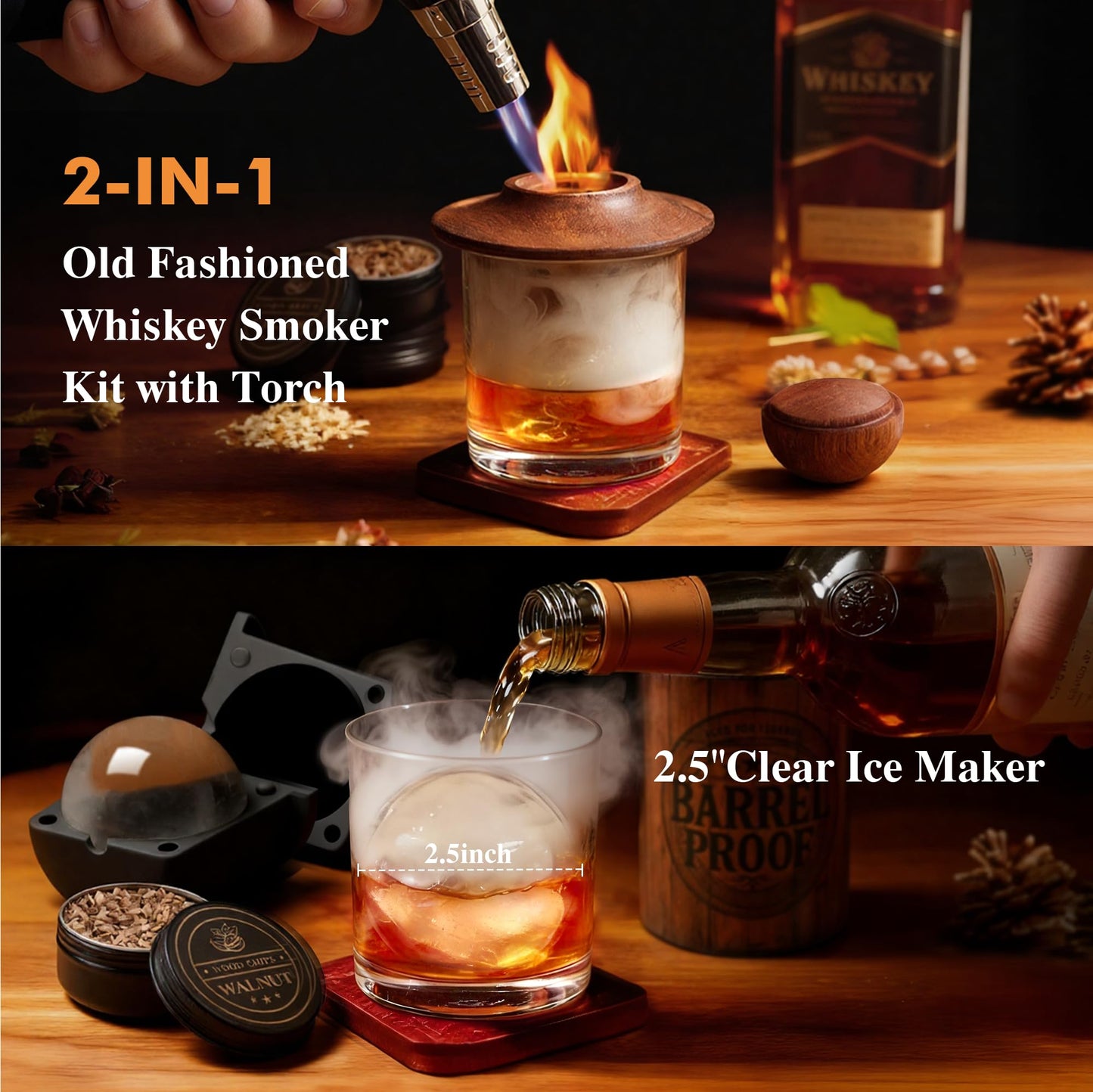 Whiskey Smoker Kit with Torch –Old Fashioned Smoker Kit for Bourbon & Whiskey – Drink Smoker Set with Wood Chips– Gift for Men, Dad, Husband/Father (1，Smoker Kit & Ice Ball Molds & Glasses)