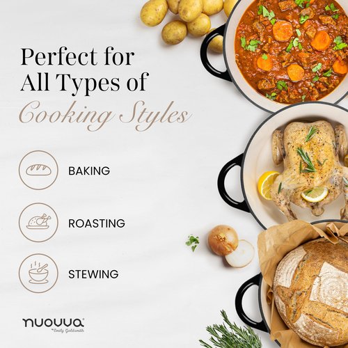 Cast Iron Dutch Oven with Lid – Non-Stick Ovenproof Enamelled Casserole Pot – Sturdy Dutch Oven Cookware – Black, 7.3-Quart, 30cm – by Nuovva