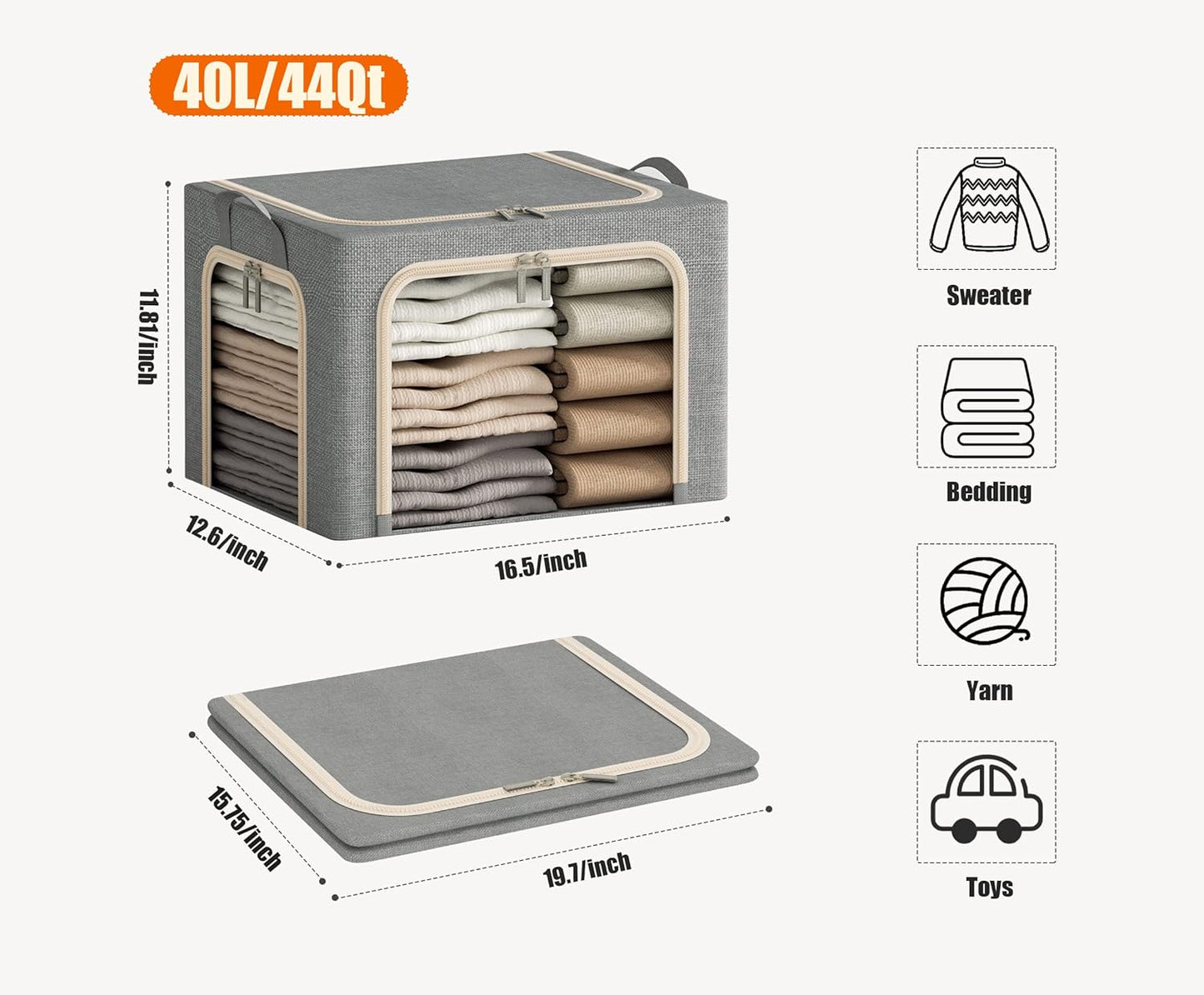 Skiennix Foldable Clothes Storage Bins - 3 Pack with Metal Frame, Clear Window & Durable Handles | Light Grey, 40L