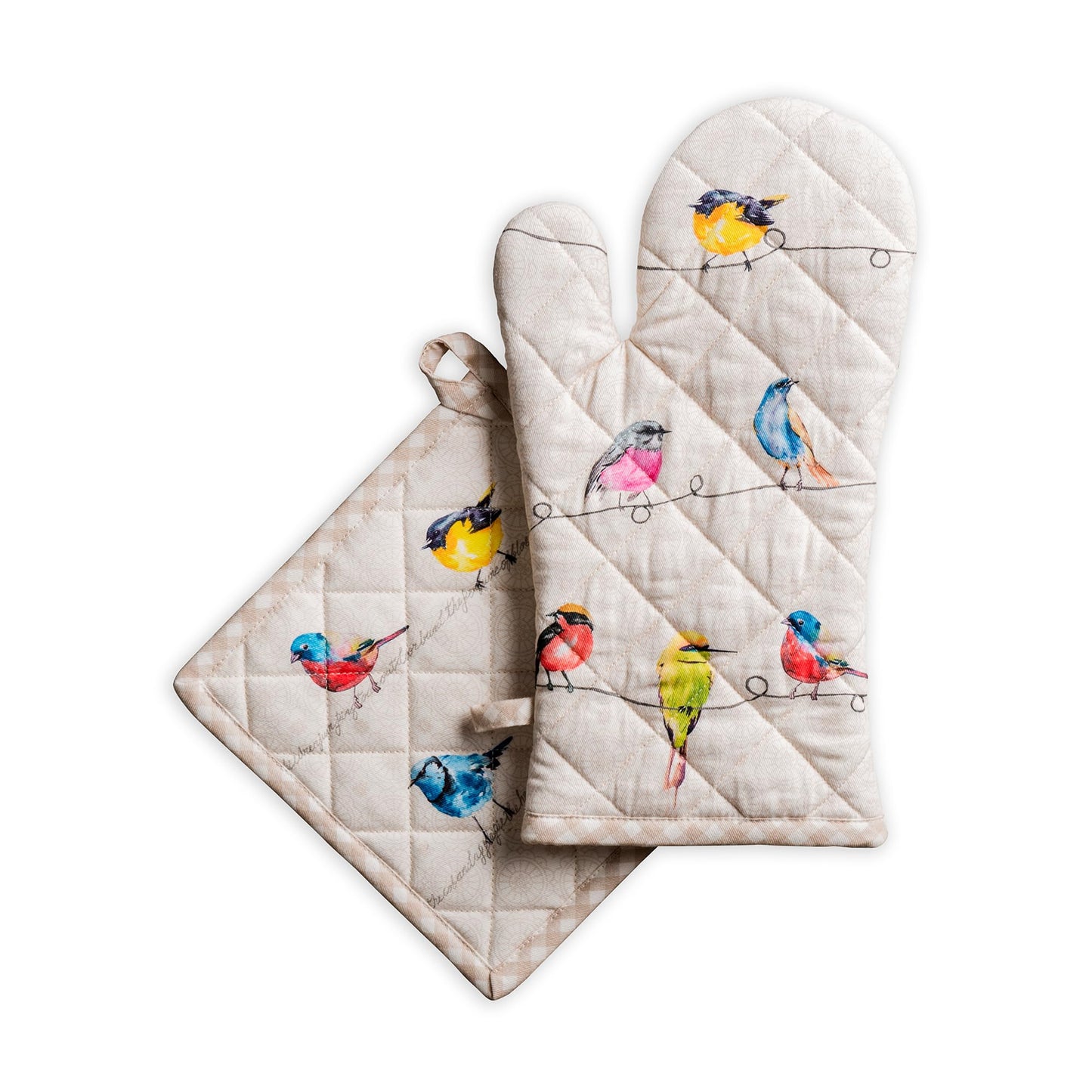 Maison d' Hermine 100% Cotton Oven Mitt & Pot Holder Set (7.5"x13" & 8"x8") Heat Resistant Cooking Gloves with Loop Baking Grilling Kitchen Gifts for Mothers Day Spring/Summer (Birdies on Wire)