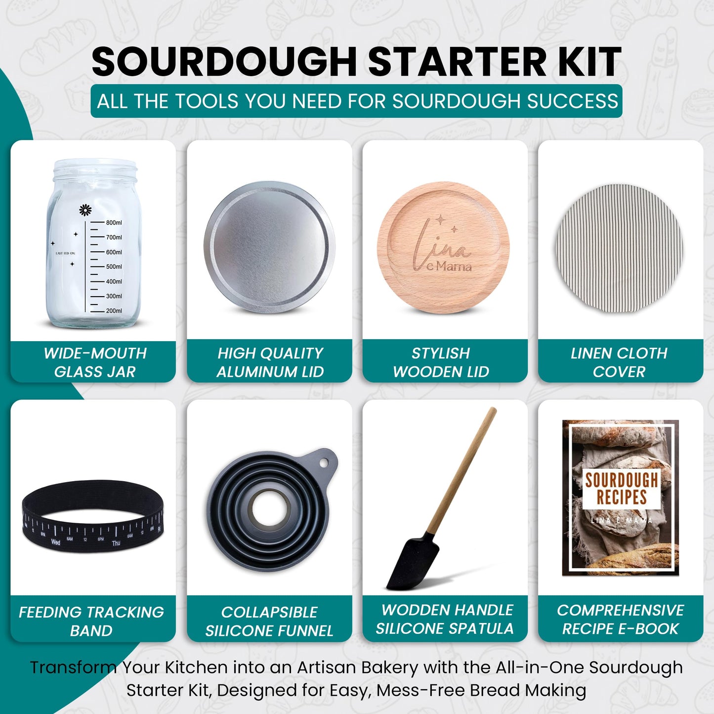 Lina e Mama 34 Oz Sourdough Starter Jar | Sourdough Starter Kit | Wide Mouth Sour Dough Kit with a Wooden & Aluminum Lid, Spatula, and Funnel | Sour Dough Jar for Beginners and Pros
