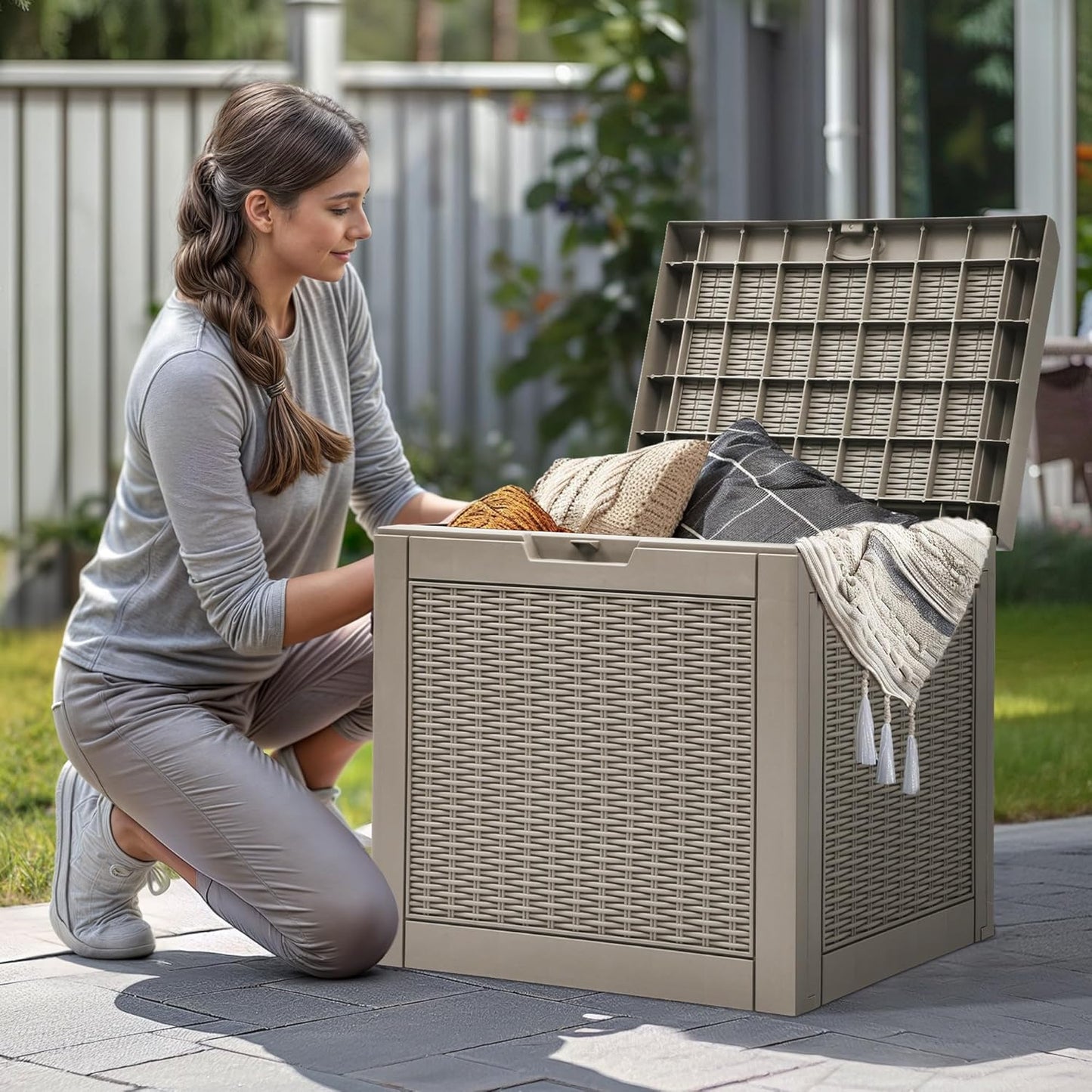 YITAHOME 32 Gallon Outdoor Storage Box - Water Resistant Resin Deck Container for Patio & Garden (Brown)