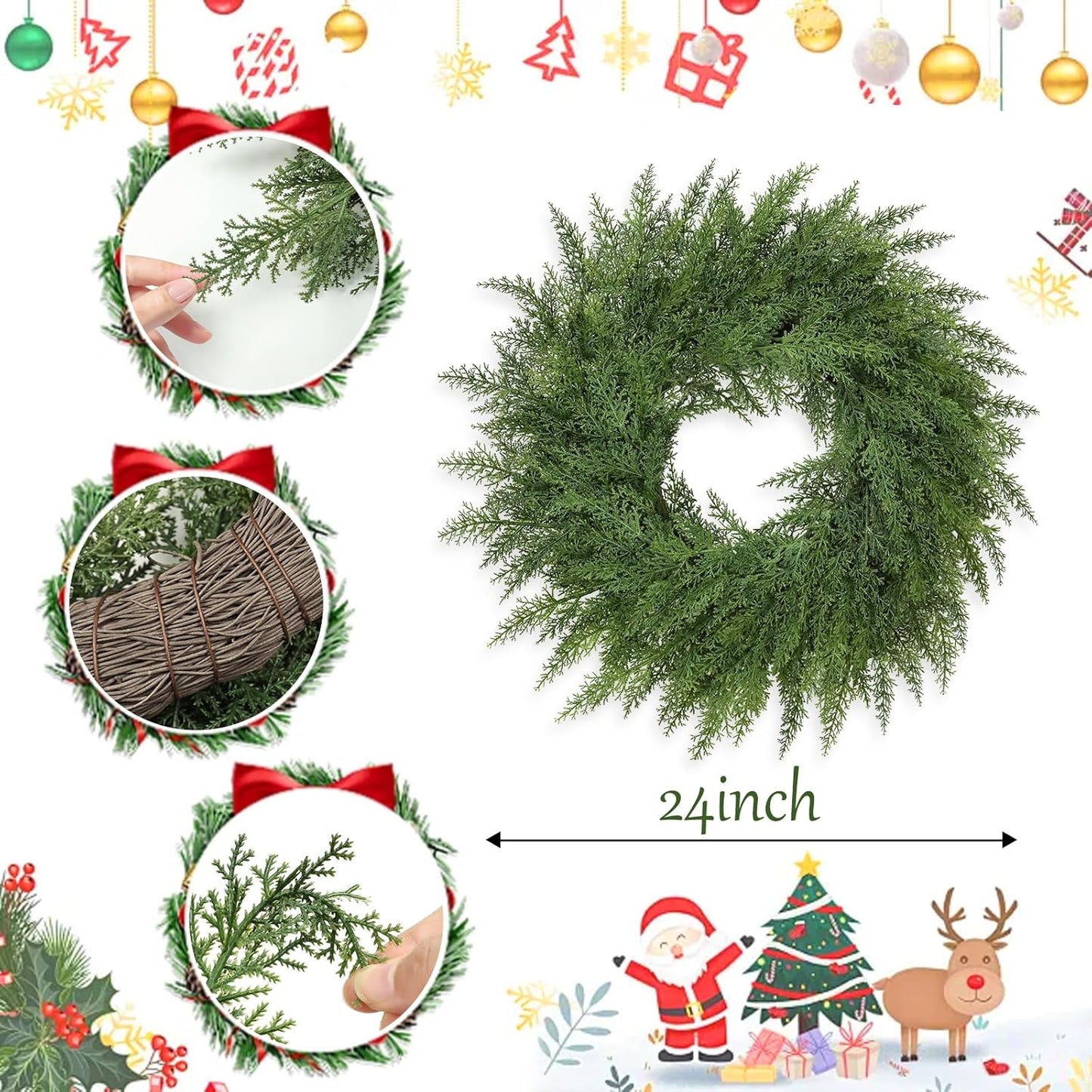 Lush Christmas Wreath - 24-Inch Real Touch Faux Cedar for Indoor/Outdoor Holiday Decor