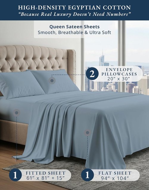 100% Egyptian Cotton Queen Size Sheet Set - Ultra-Soft Hotel Luxury | Naturally Breathable & Durable, 15" Deep Pocket - French Blue