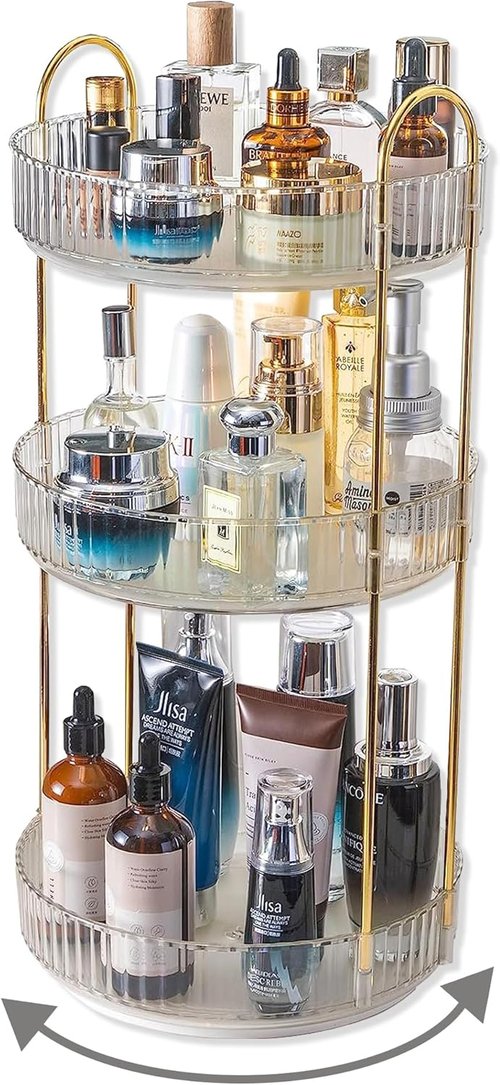 Asayuee 360° Rotating Makeup Organizer - Large 3-Tier Storage for Skincare & Cosmetics | Clear Finish