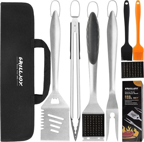 Grilljoy 8PCS BBQ Grill Tools Set - Extra Thick Stainless Steel Spatula, Fork, Tongs & Brush - Ideal Portable Accessories for Men