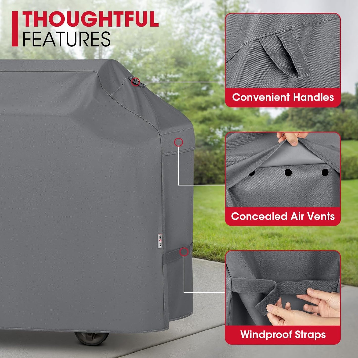 Unicook 55-Inch Heavy Duty Waterproof Grill Cover - Fits 3-4 Burner BBQs | All-Weather Grey Protection