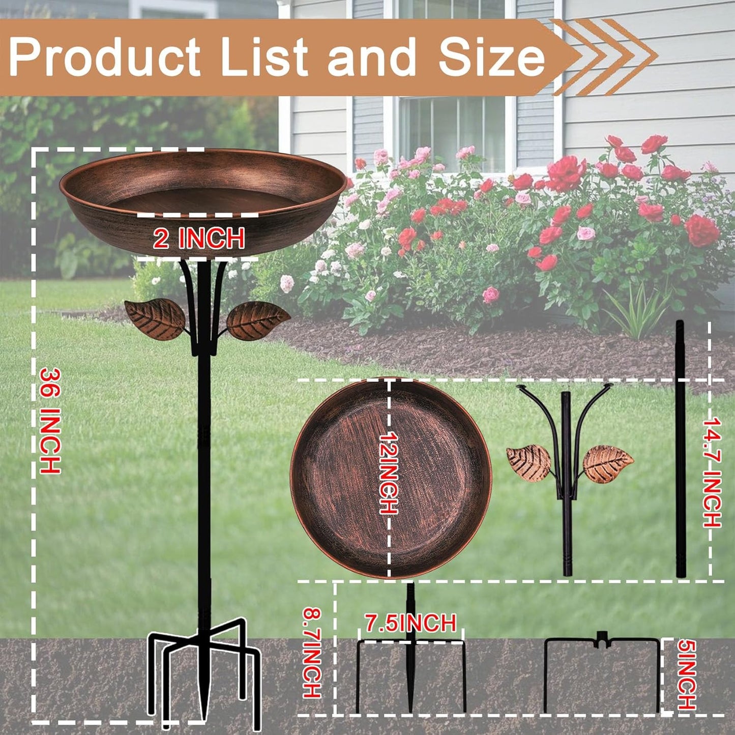 Metal Bird Bath - 12" Diameter Bowl with Stable Stake for Outdoor Garden Decor | 0.7 Gallon Capacity