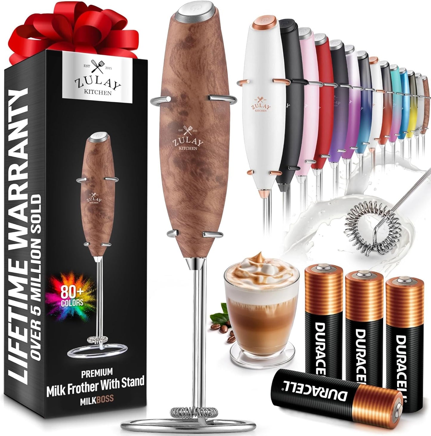 Zulay Kitchen Milk Frother Wand - Ultra-Fast Handheld Drink Mixer with 4 AA Batteries - Walnut Finish
