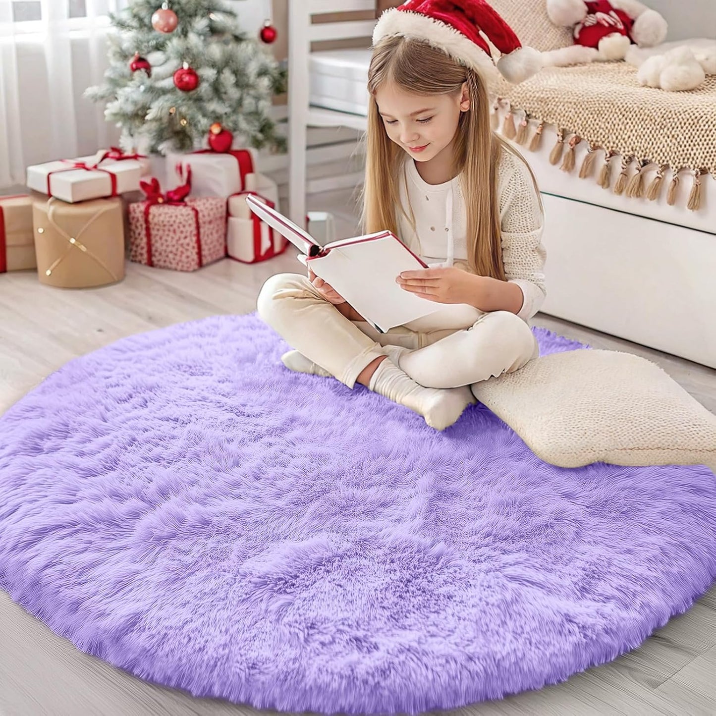 OLANLY Round Light Purple Area Rug - Soft, Fluffy, Machine Washable 4 ft Carpet for Bedroom & Nursery Decor