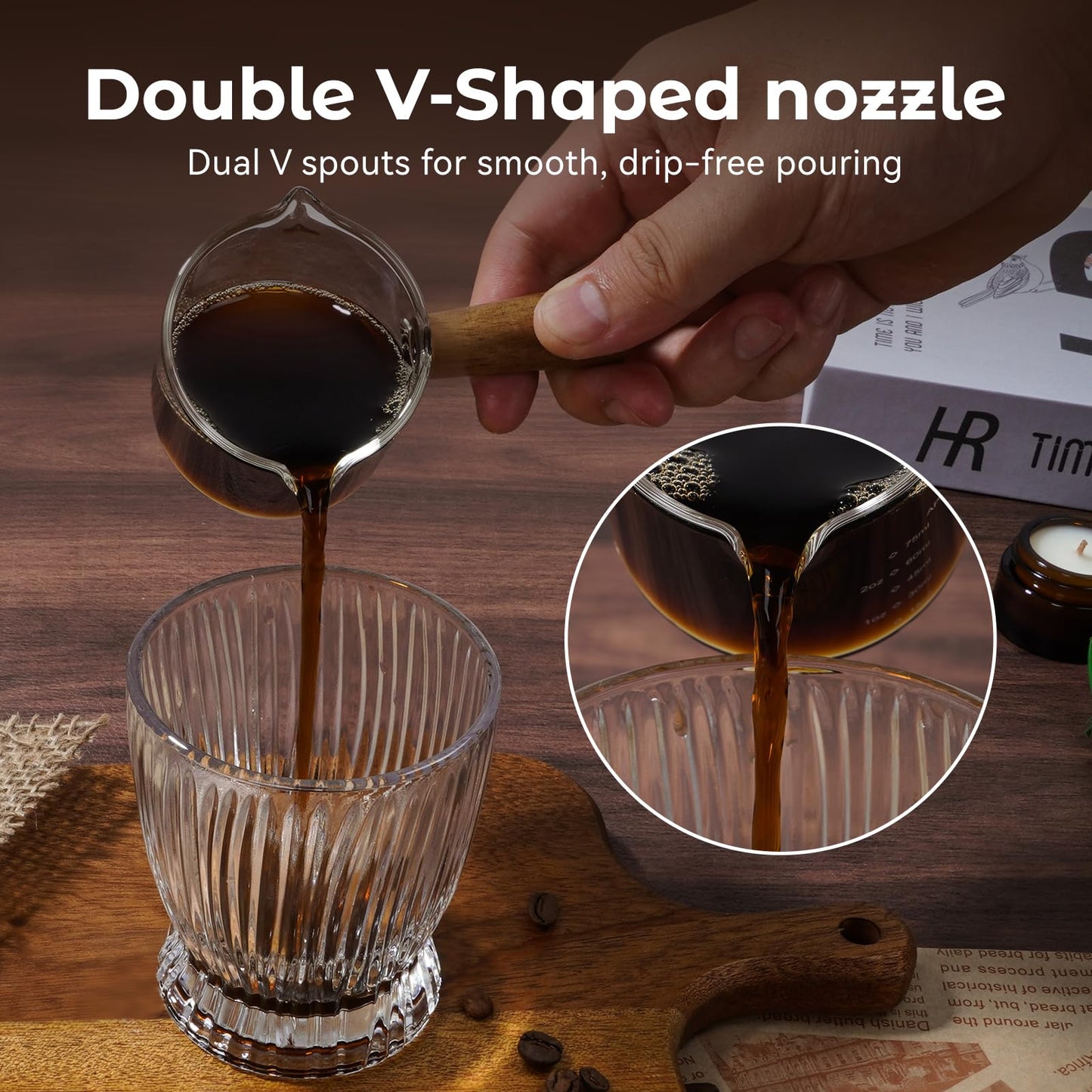 QWACVRTM 2 Pack Espresso Shot Cups Measuring cups, Wooden Handle V-Shaped Double Spout Espresso Shot Glass, Coffee Bar Essentials, coffee accessories