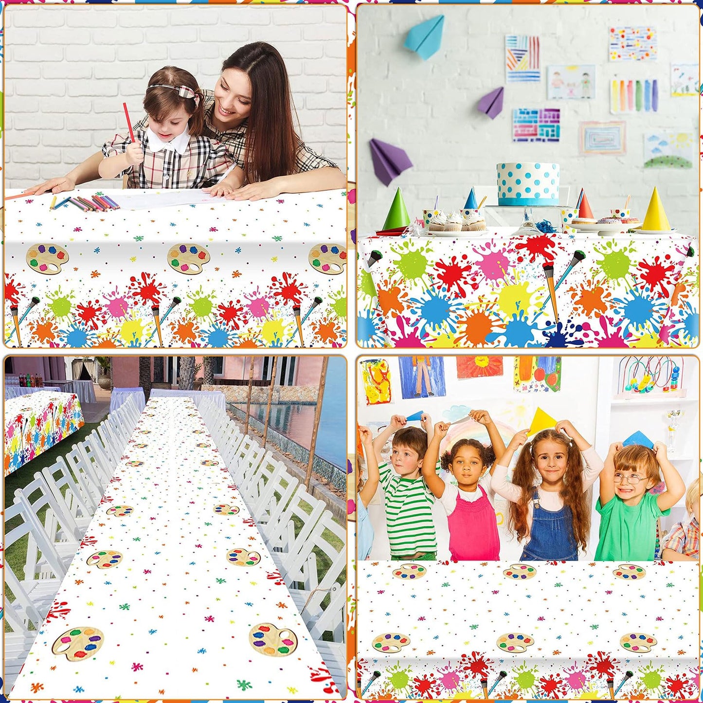 Summer Paint Splatter Tablecloth Decoration 52 in x 100 Ft Art Paint Birthday Party Tablecloth Roll Art Party Summer Plastic Table Cover for Indoor Outdoor Events Family Parties and Celebrations