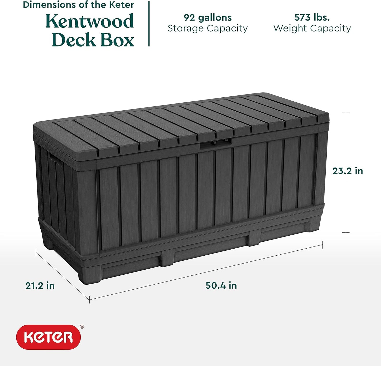 Keter Kentwood 92 Gallon Resin Deck Box - Outdoor Storage for Patio Furniture & Cushions | Dark Grey