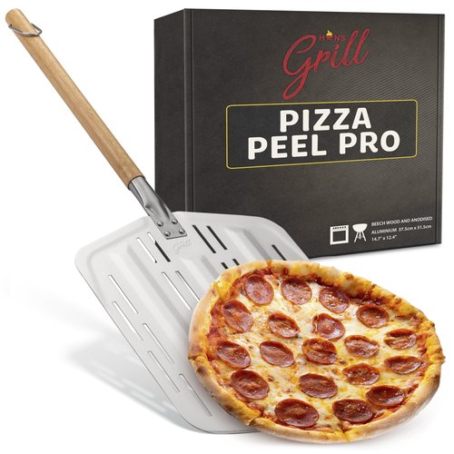 Hans Grill Pizza Peel PRO | Made for XL Pizza 12 inch + | Professional Restaurant Grade Perforated Metal Non-Stick Paddle for launching, turning and retrieving pizzas (Peel Pro) (Grey)